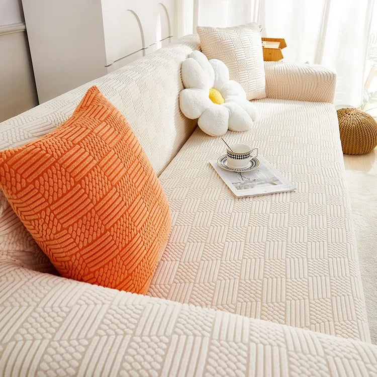 Bohemian Jacquard Velvet Sofa Cover for Autumn and Winter Thickened Plush, High-end Feel Cat Scratch-resistant Sofa Cover Oasis Select 4 people 235-300cm beige