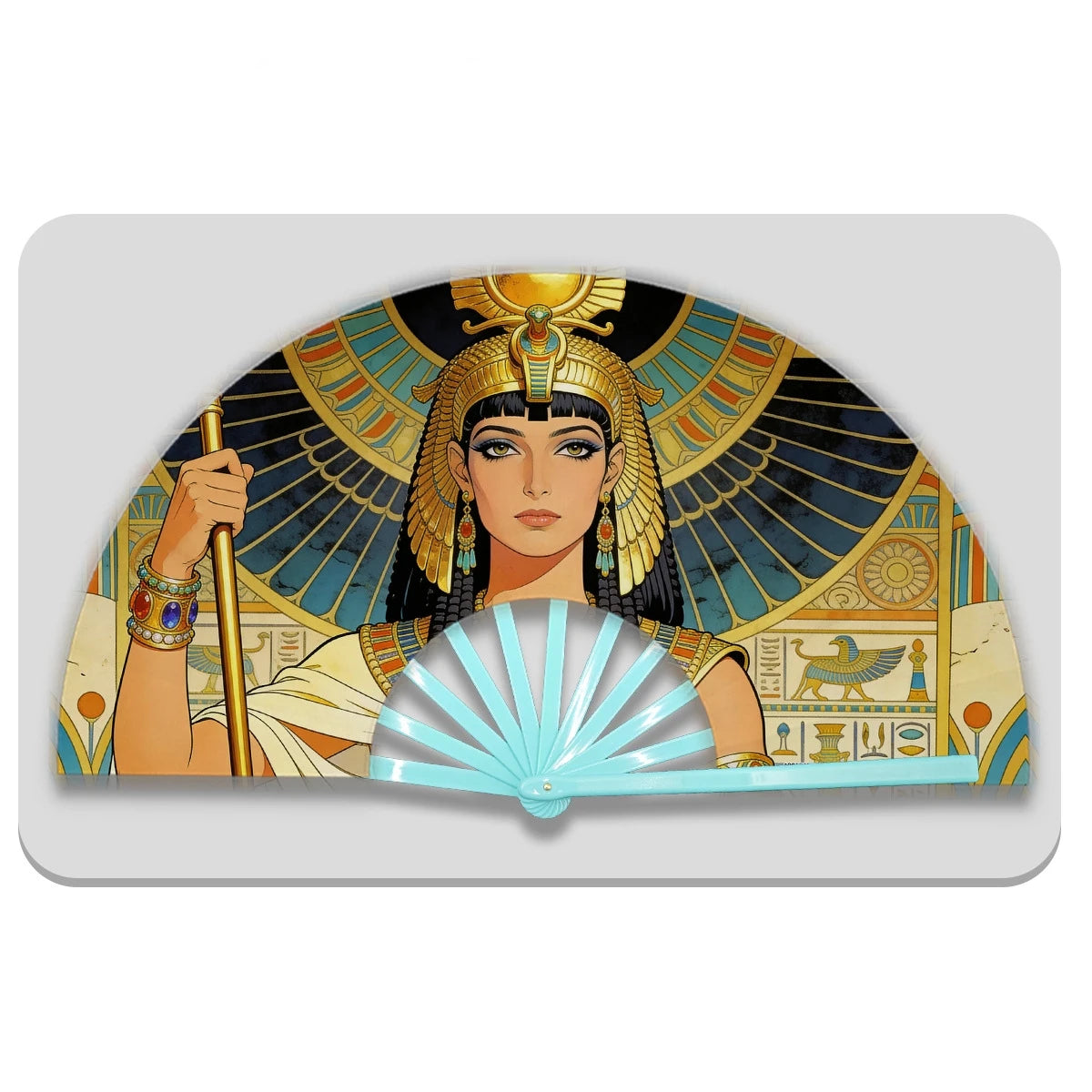 13" Egyptian Cleopatra Folding Fan - Plastic Rib Large Hand Fan for Cosplay, Ancient Egypt Party Decor & Summer Cooling Oasis Select Sky Blue