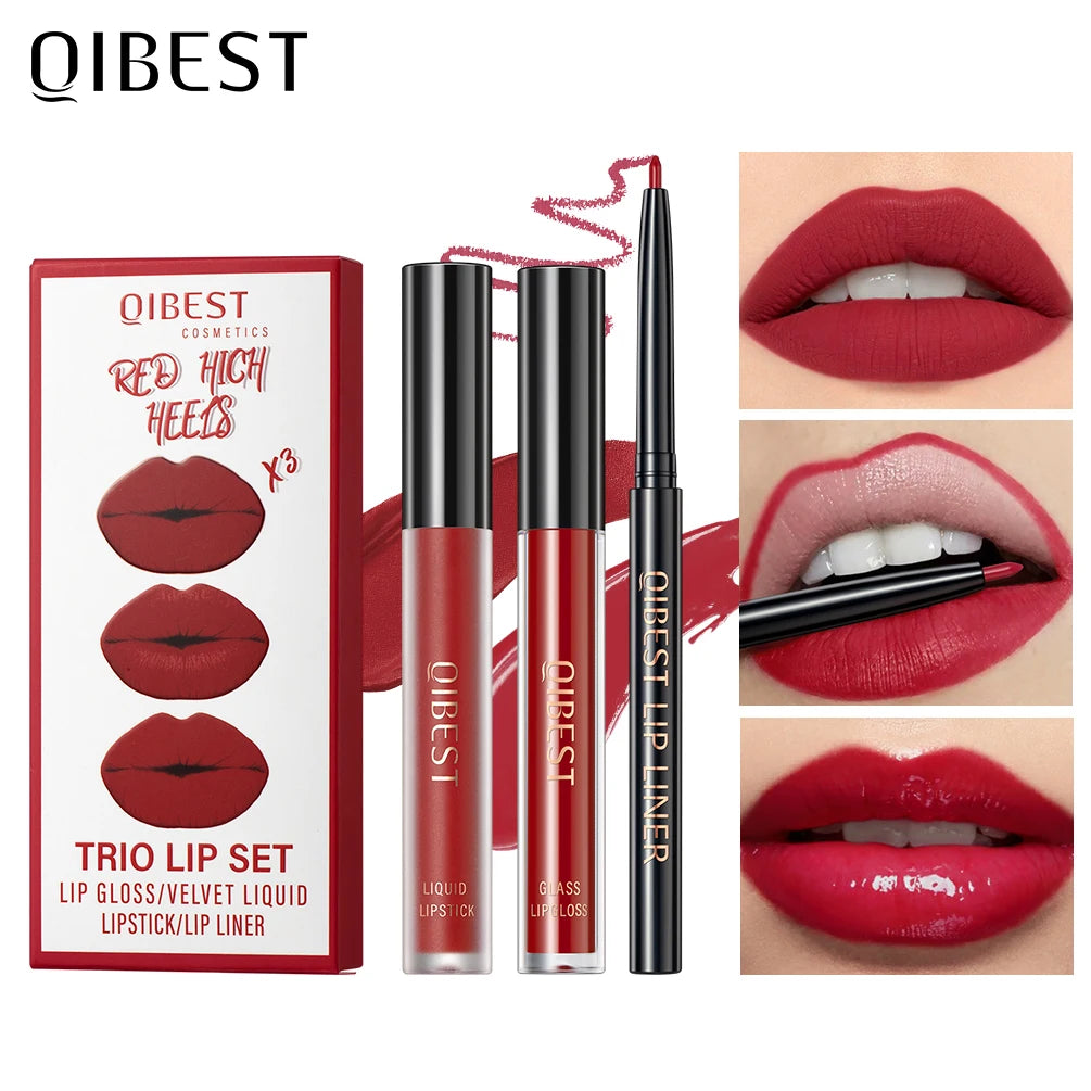 QIBEST 3-in-1 Matte Lipstick, Lip Liner & Gloss Set