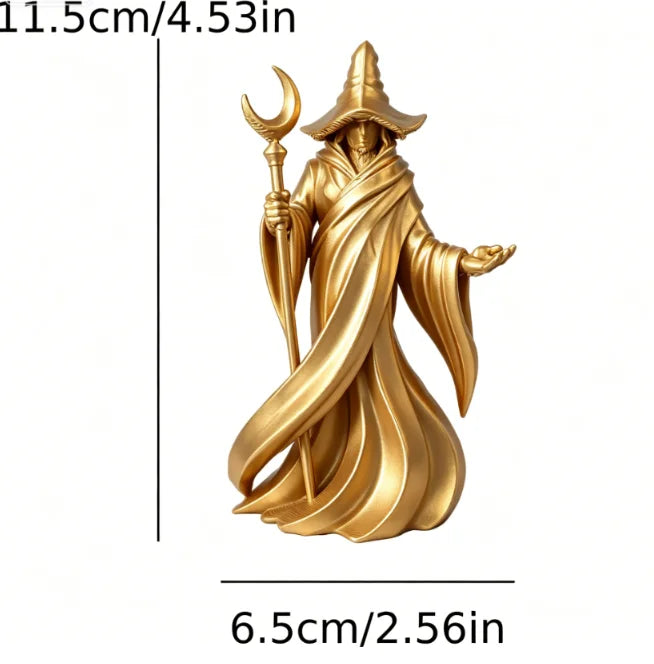 Gothic Faceless Wizard Miniature Figurine 3D Printed Moon Staff Cloaked Mage Statue Home Tabletop Bookshelf Ornament Decor Gifts Oasis Select Wizard Gold