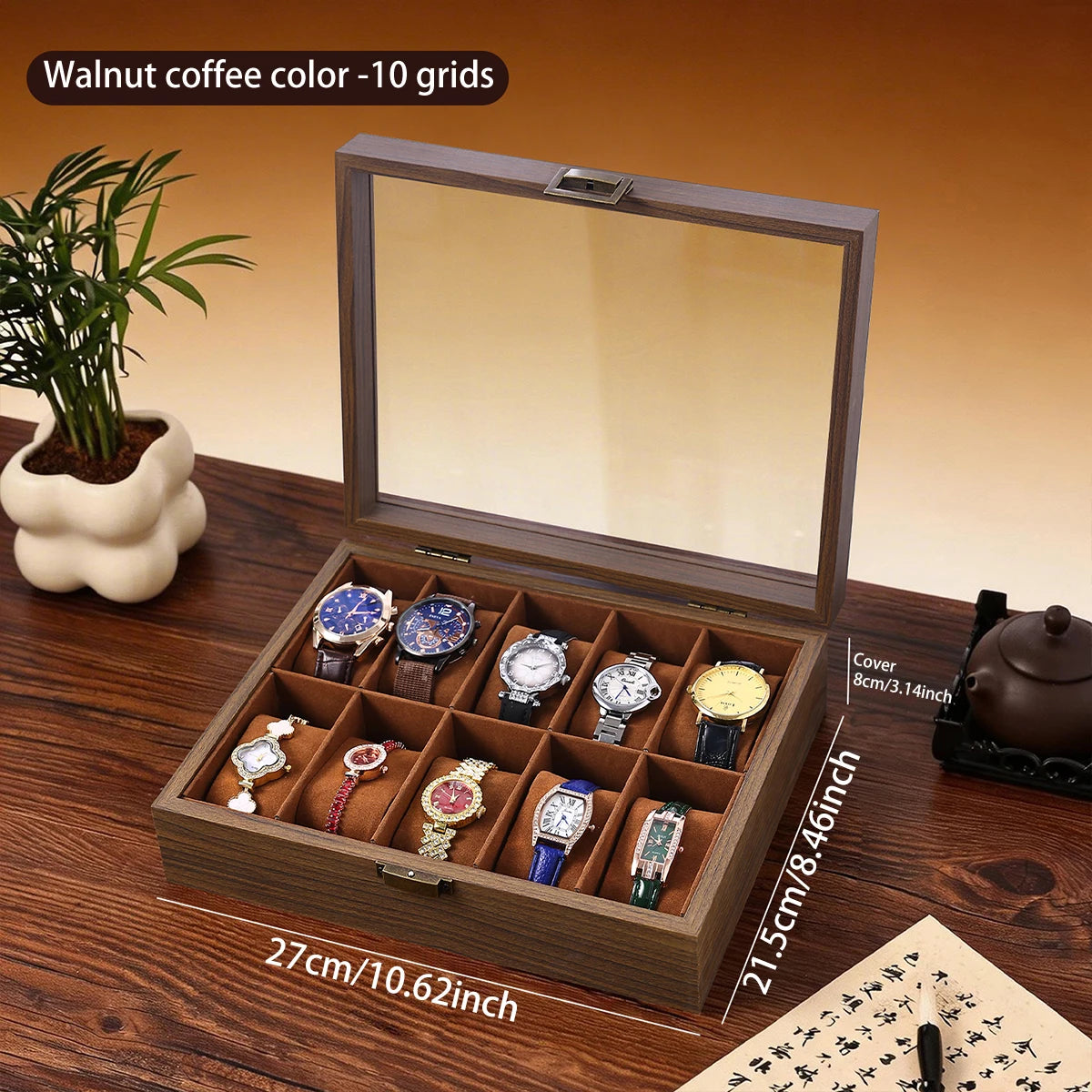 1pc Multi grid wooden watch box with glass cover adjustable jewelry storage box glasses bracelet velvet watch display box Oasis Select Brown-10grids