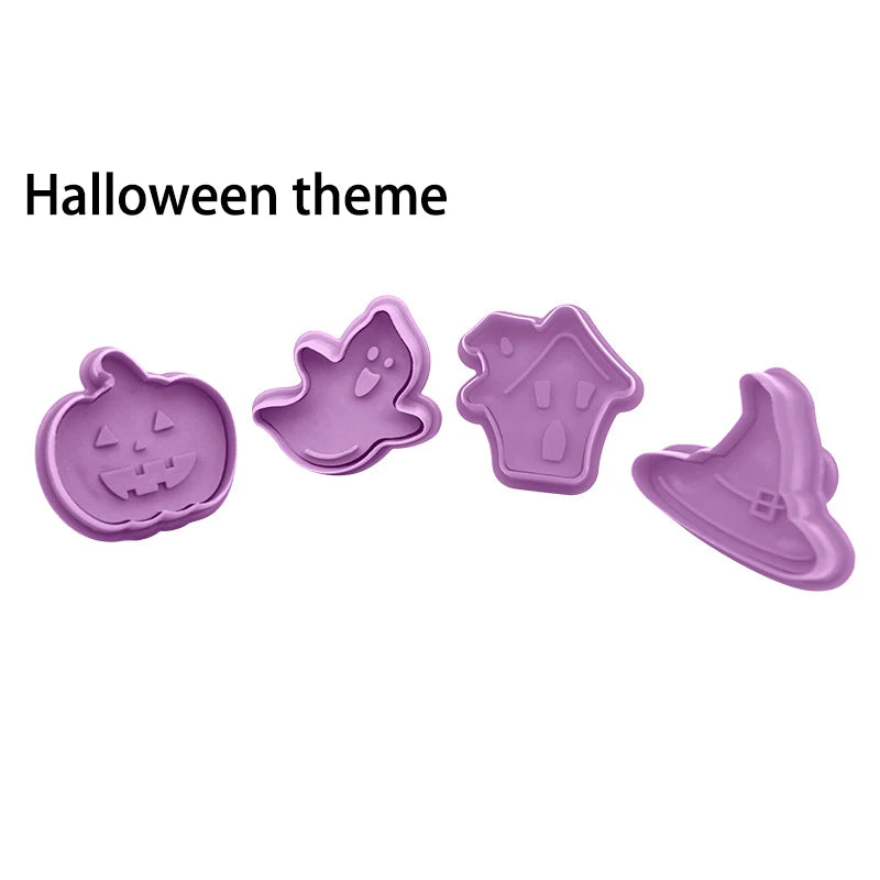 4 Pcs/Set DIY Cartoon Biscuit Mould Cookie Cutter 3D Cartoon Cookie Stamp ABS Plastic Baking Mould Cookie Decorating Tools Oasis Select halloween
