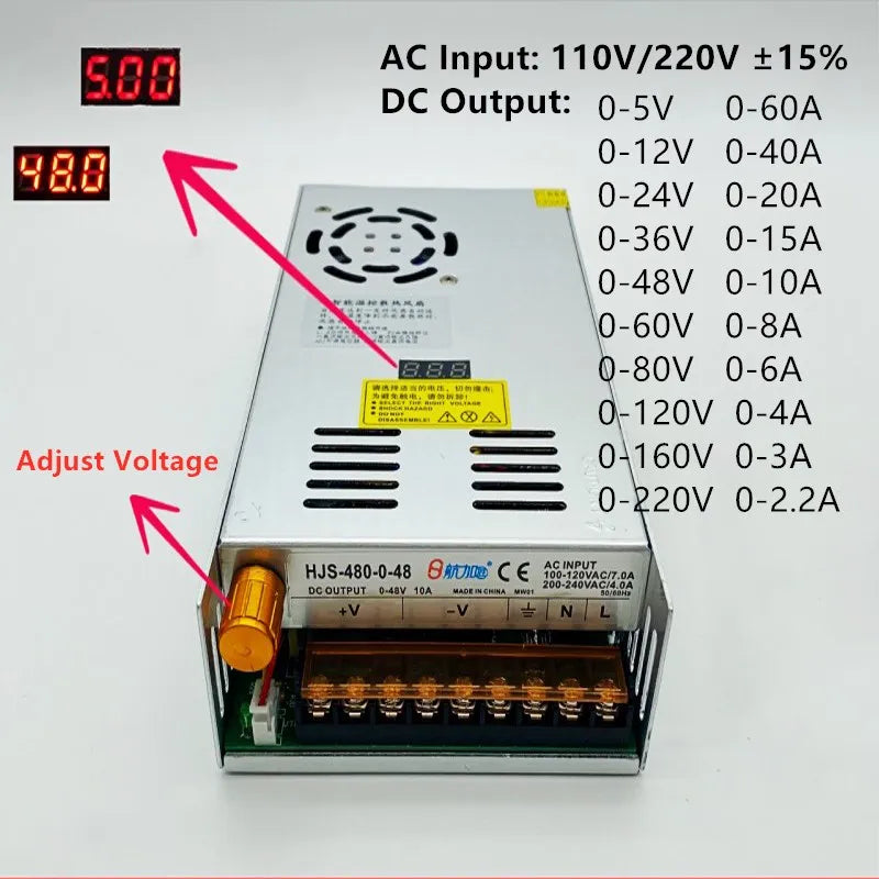 DC 5V 12V 24V 36V 48V Adjustable Switching Power Supply 60V 80V 120V 220V 480W With Digital Display Power Supply Voltage 12V 10A Oasis Select Not adjust Curret 0-24V 0-20A