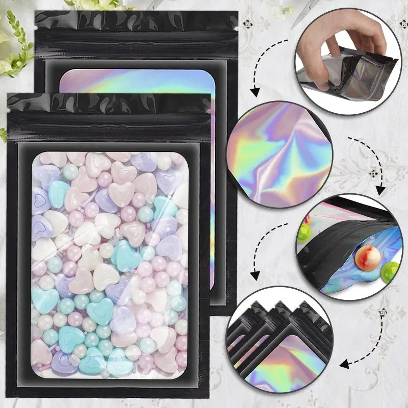 500Pcs Holographic Ziplock Bags Plastic Laser Iridescent Zip Bags for Manicure Eyelash Display Earrings Ring Jewelry Storage Bag Oasis Select