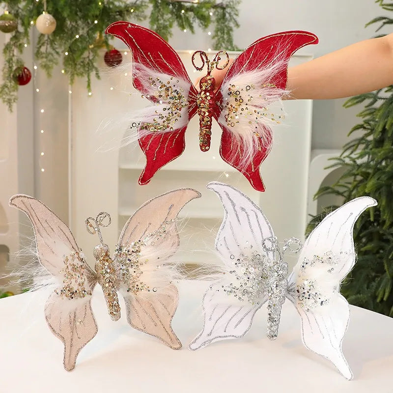 Glitter Fabric Butterfly Christmas Tree Ornament 30×22cm