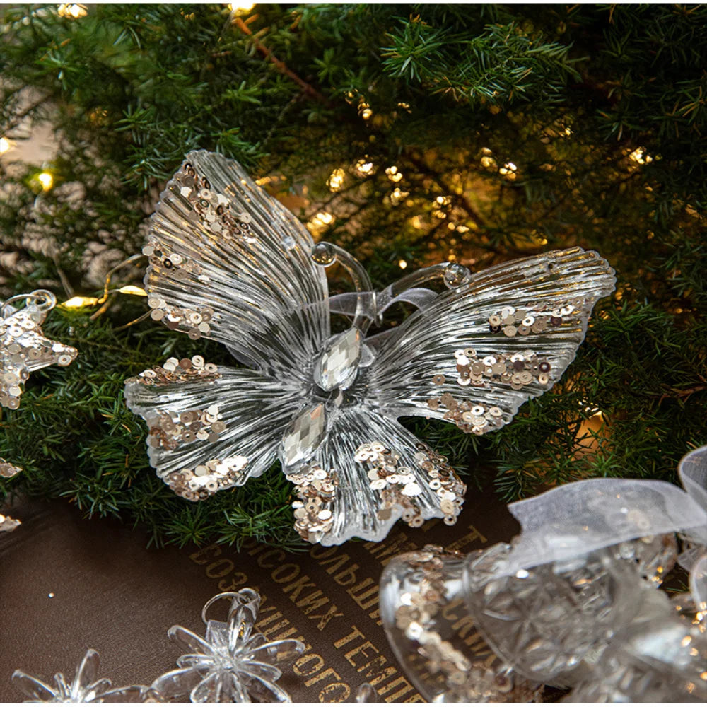 Christmas Tree Toys Acrylic Elk Bells Pendant Transparent Snowflake Pendants With Sequins Home Xmas Party Decoration Accessories Oasis Select