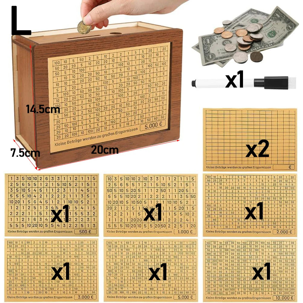 1000/2000/3000/5000/10000 Euro Money Box Piggy Bank Wood Money Bank Reusable Money Box with Saving Goal and Numbers Boxes Oasis Select 8PC L