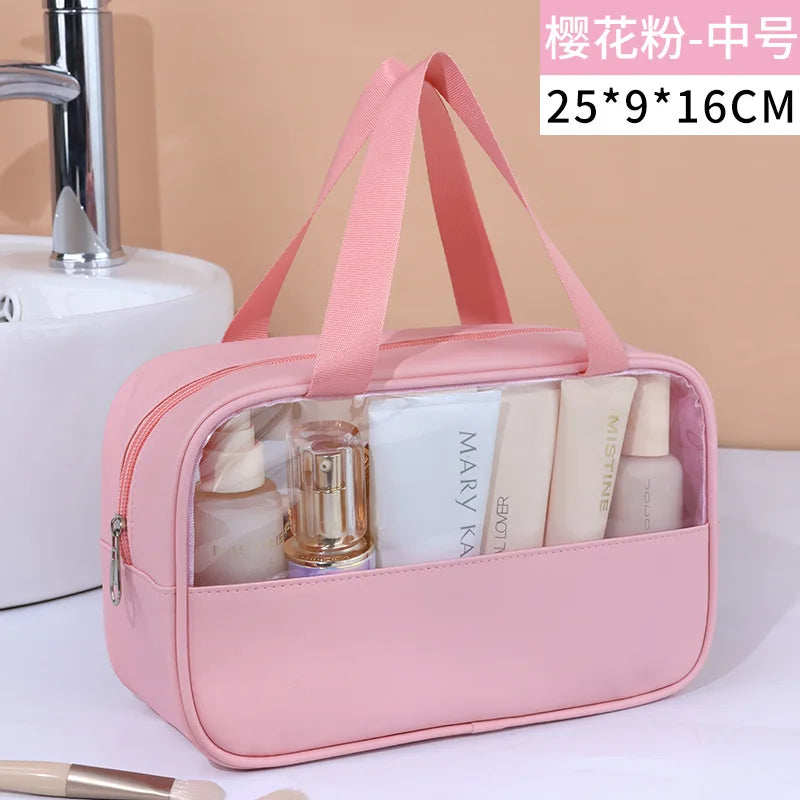 Portable Travel Cosmetic Bag Women Transparent Makeup Bag Large-Capacity Bath Wash Bags Multifunction Waterproof Storage Case Oasis Select pink M