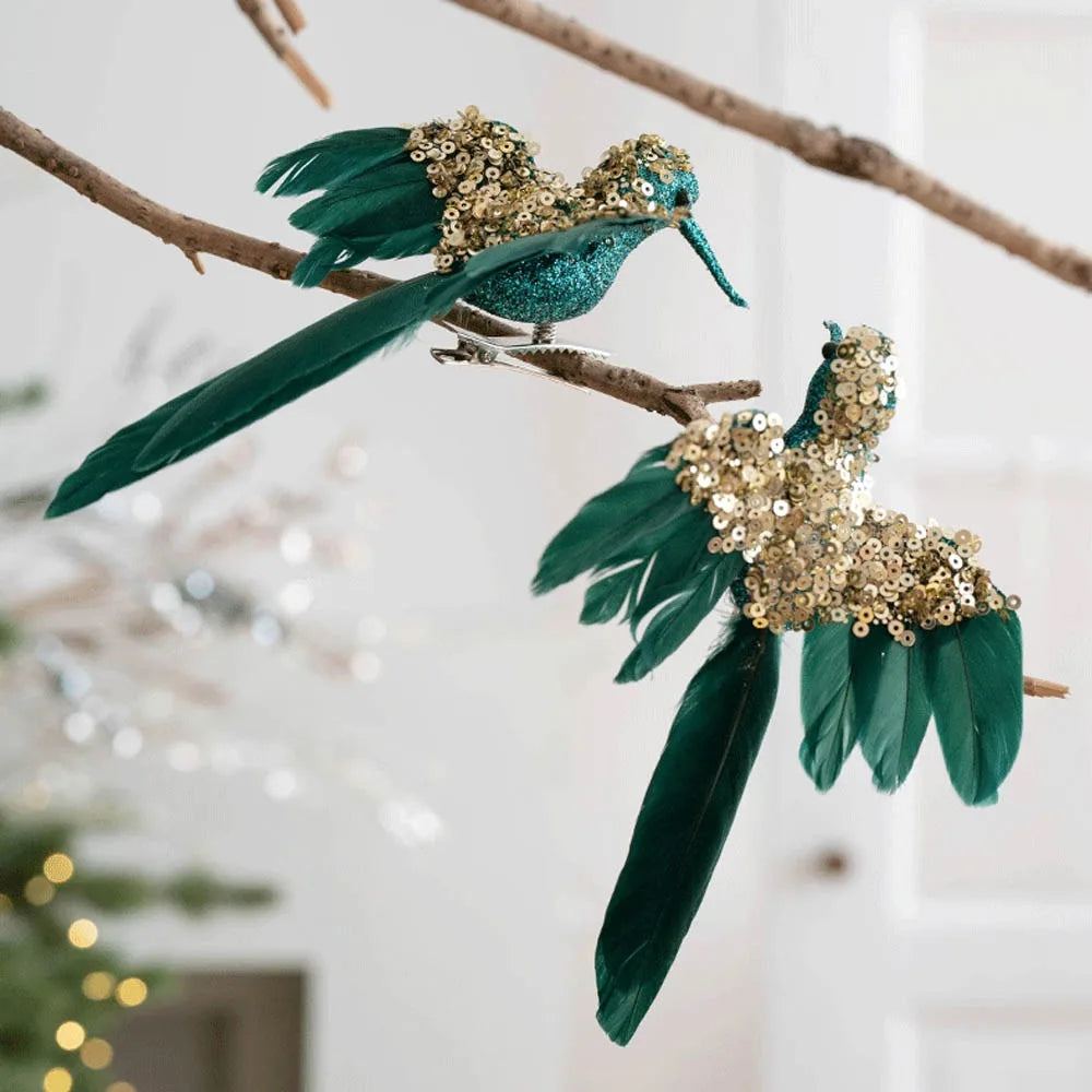 Glitter Feather Bird Christmas Ornaments – Set of 2