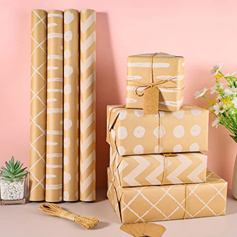4 Roll Wrapping Paper, Wrapping Paper Role 43 X 300 Cm/Roll Wrapping Paper Set With 2 Adhesive Tapes 3 Ropes 20 Kraft Paper Tags Oasis Select