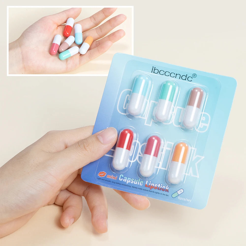 6pcs/set Mini Cute Capsule Lipstick Set with Lip Balm Moisturizing Waterproof Non-stick Cup Carry Pill Lipstick Lips Makeup Gift Oasis Select