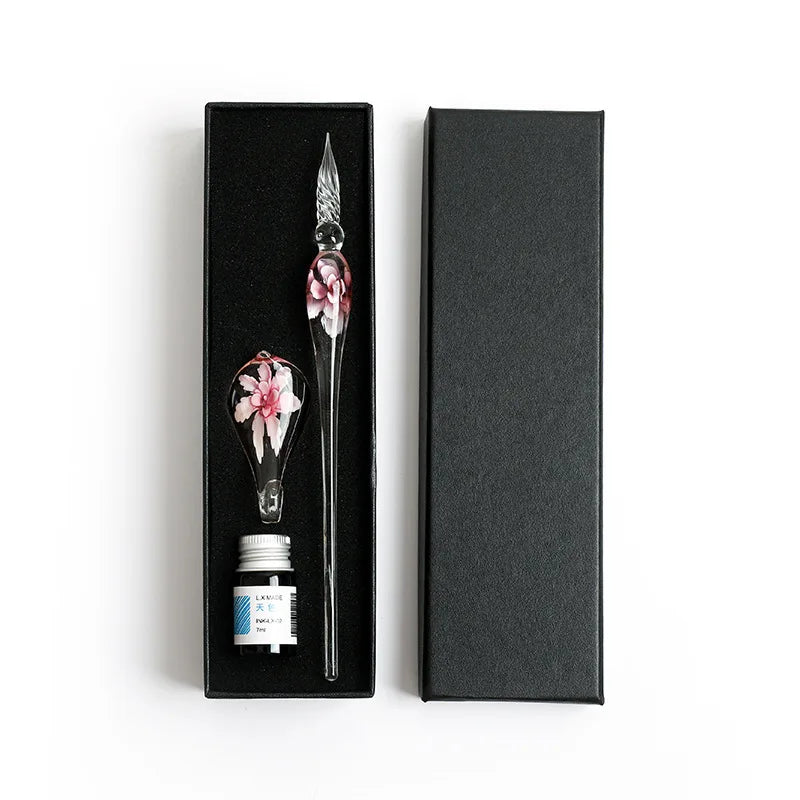 Embedded Flower Glass Pen Colored Dipping Street Vendor Box Signature
