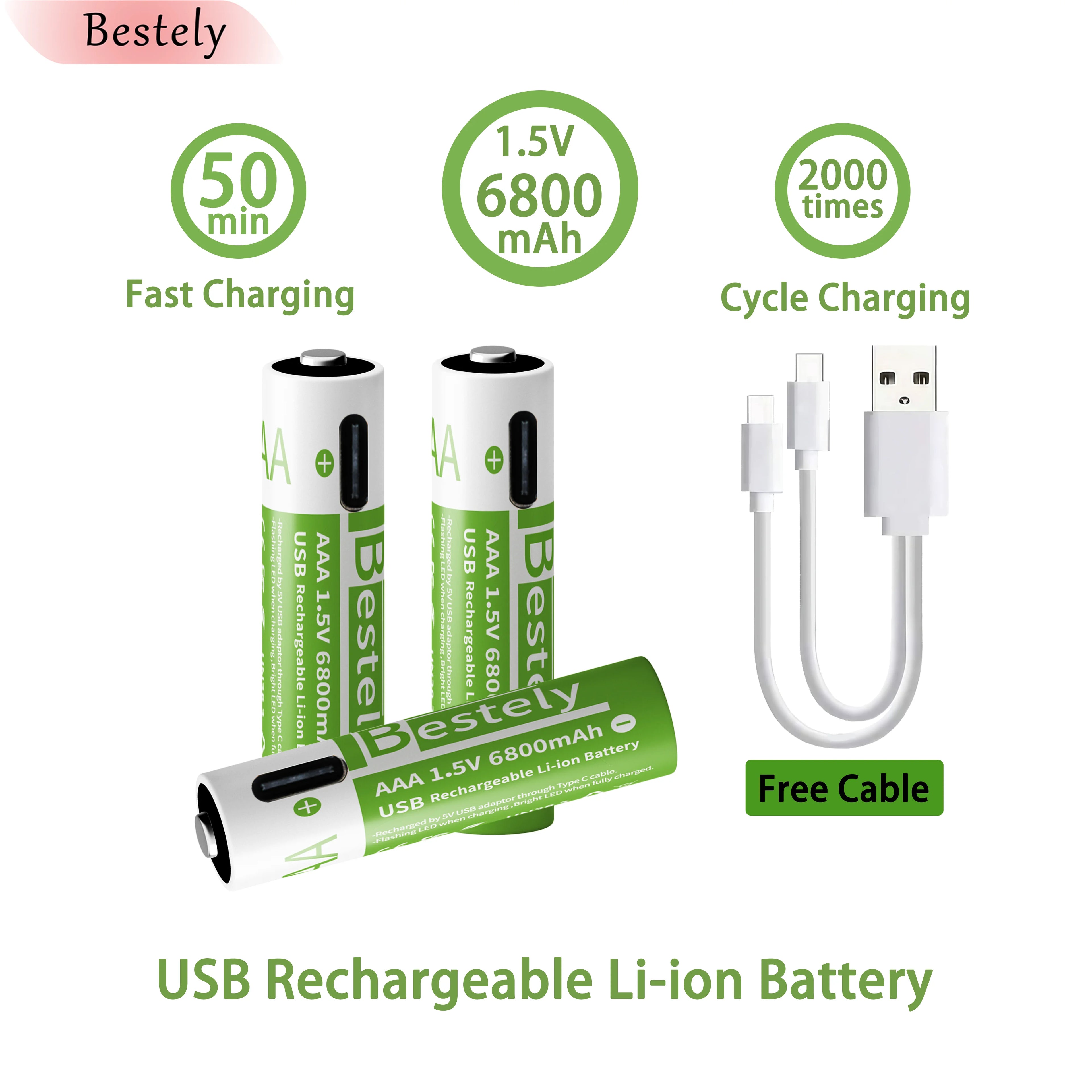 New 1.5v AAA Rechargeable Lithium Batteries 6800mAh Capacity,Type-C USB AAA Li-ion Battery 2000 times cycle with cable for free Oasis Select