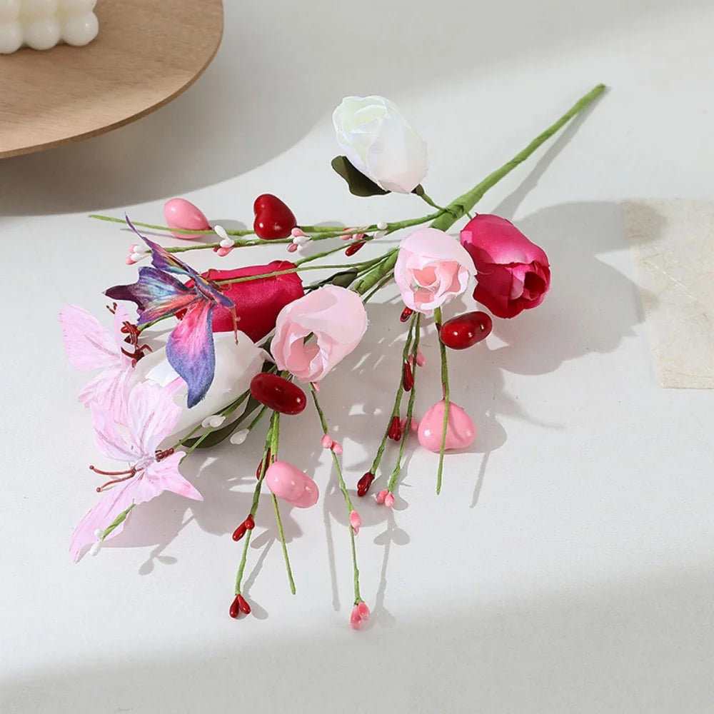 Valentine's Day Simulation Tulip Heart Butterfly Tulip Fake Flower Wedding Decoration Bouquet Arrangement Oasis Select A