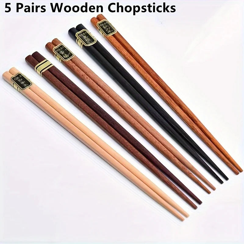 5 Pairs Reusable Chinese Wooden Chopsticks Natural Wooden Chopsticks Tableware Pizza noodle tools 5 colorsr Chinese Bag Oasis Select