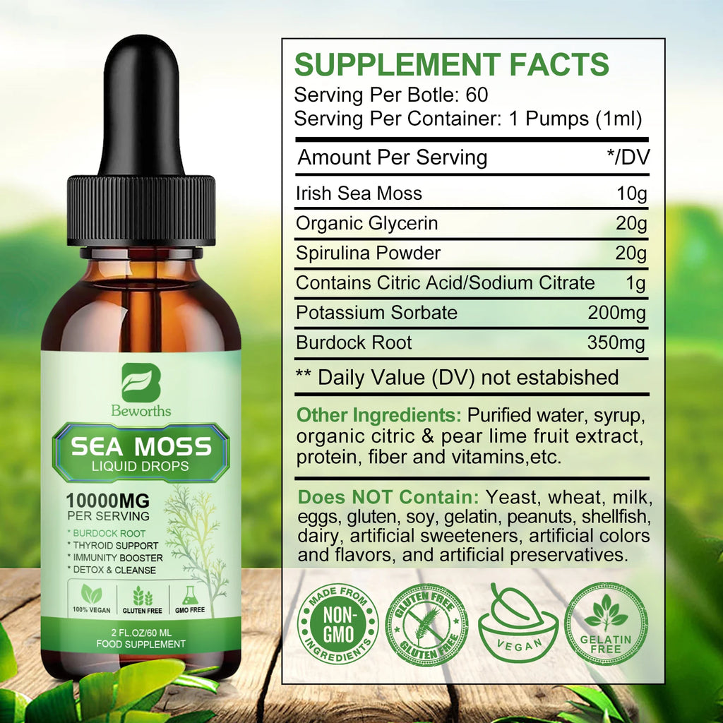 BEWORTHS Organic Seamoss Drops with Burdock Root and Spirulina Support Immunity and Gut Health, Help Digestion Weight Management Oasis Select