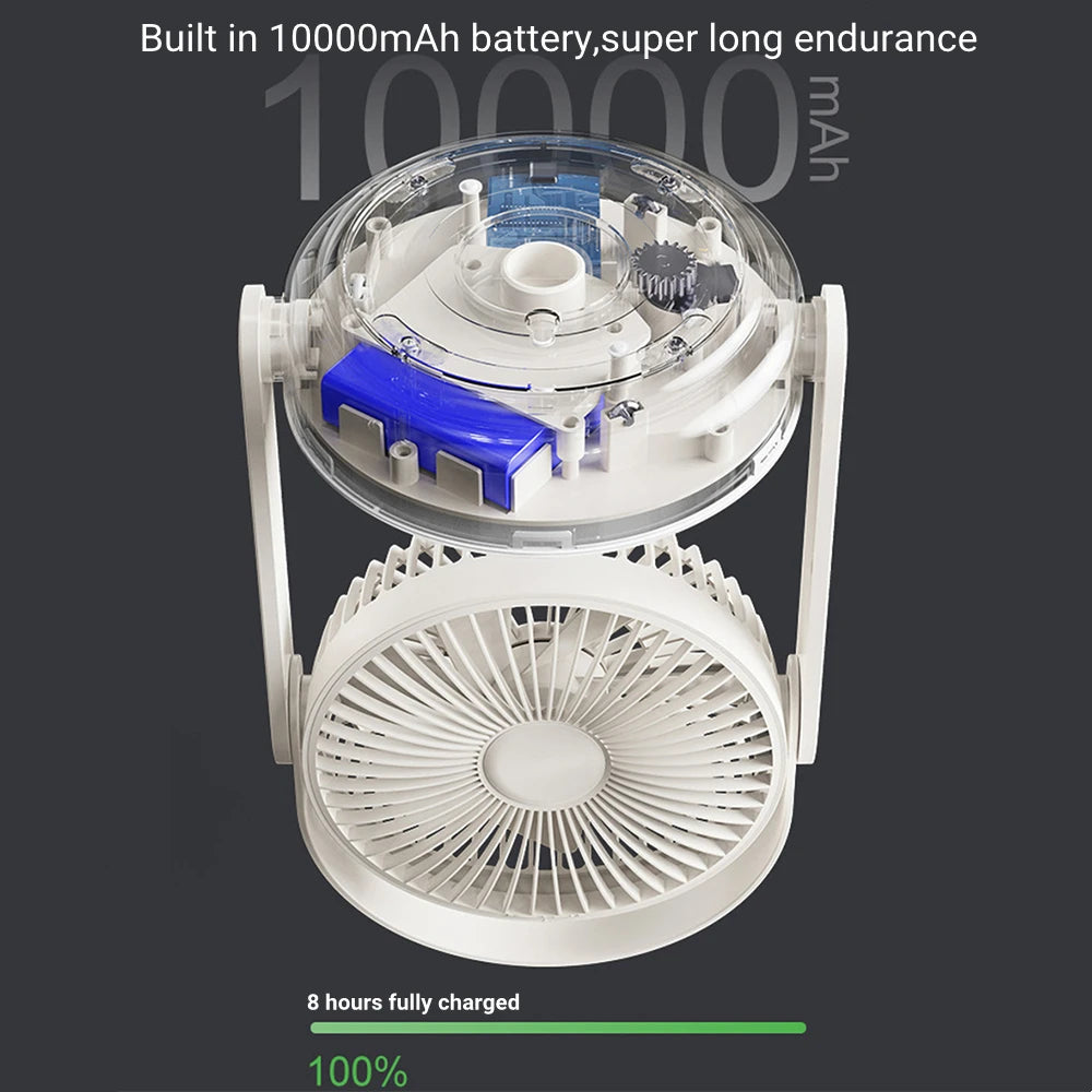 10000mAh Rechargeable Fan – LED Light, Remote, Table & Wall Mount