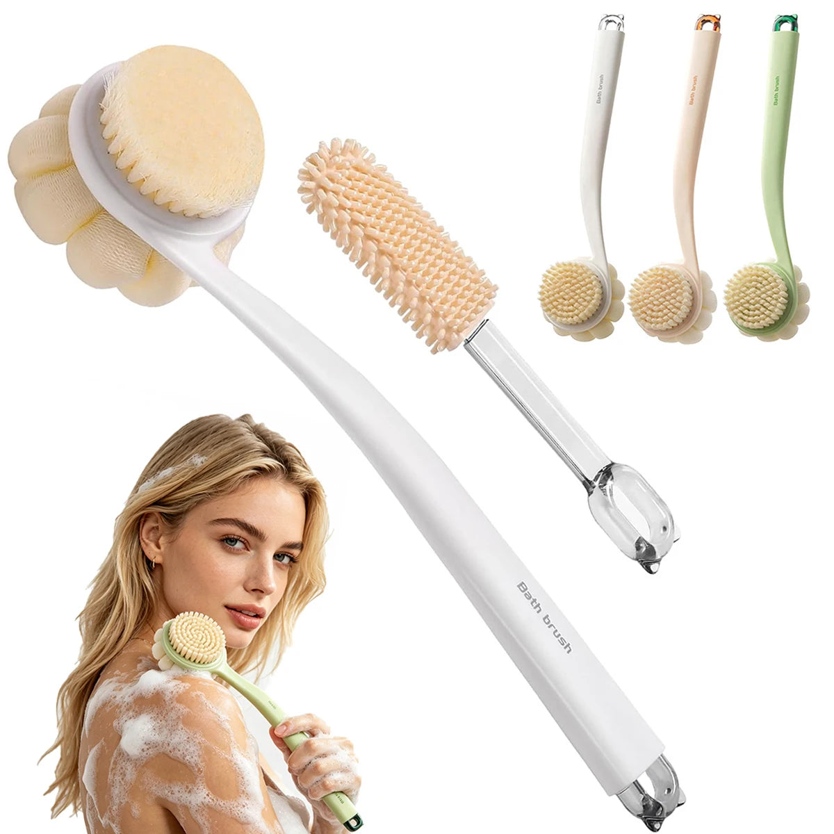 3in1 Shower Brush Long Handle Back Scrubber Soft Bristles Loofah Foot Exfoliator Body Bath Massager Cleaning Bathroom New 2026 Oasis Select