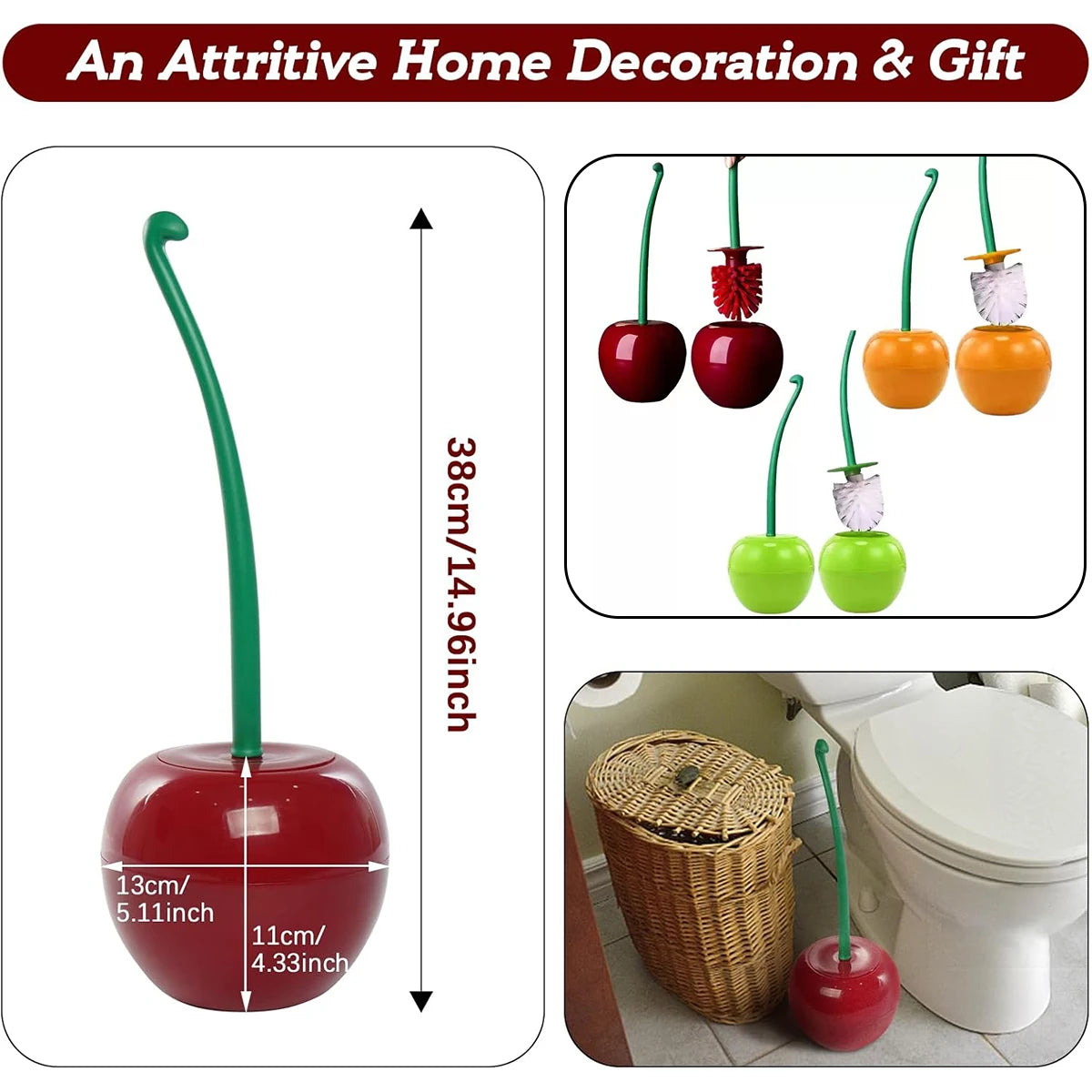 3 Colors Cherry-Shaped Toilet Brush Set – Free-Standing Long Handle Cleaner with Holder for Bathroom | Cute & Functional Oasis Select