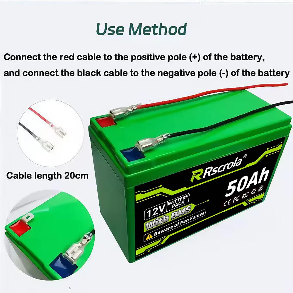 12V 20/30/40/50Ah 18650 Rechargeable Li-ion Battery with Charger,Long Lasting Power For Sprayer, Kids Car, Scale, Access Control Oasis Select