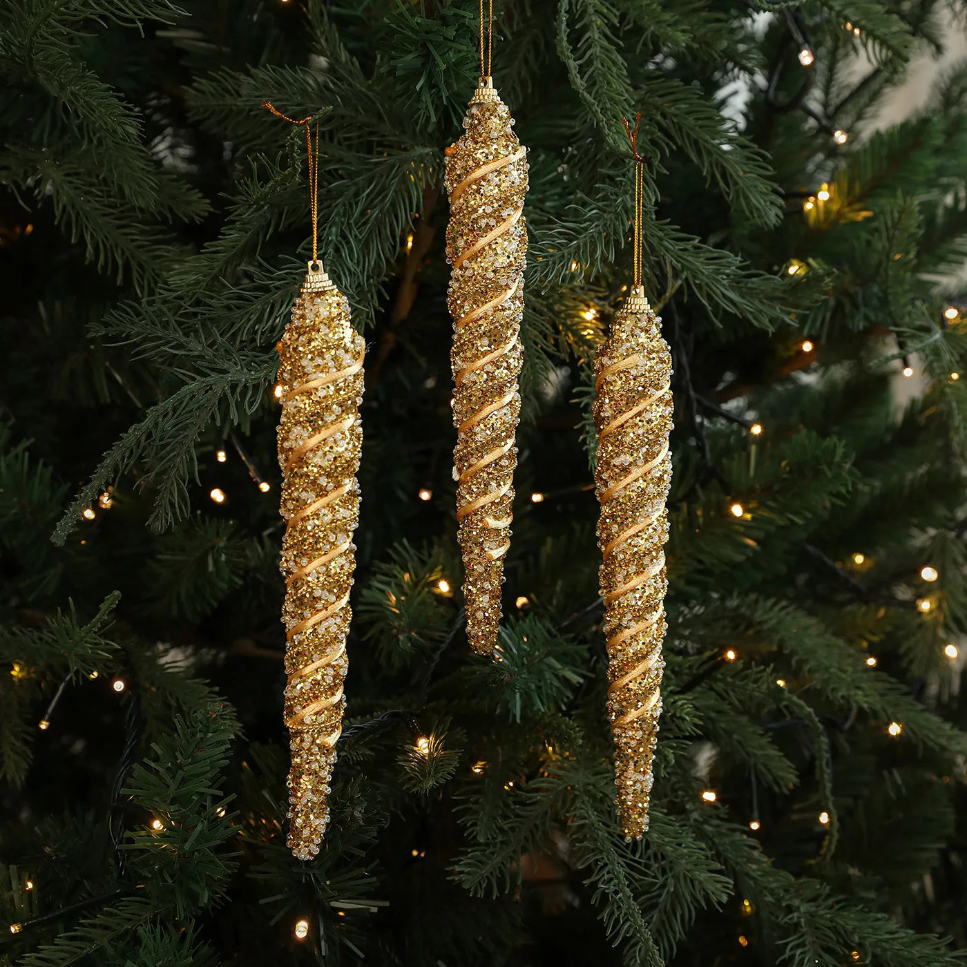 4PCS Glitter Icicle Christmas Tree Ornaments – 21cm Spiral Set