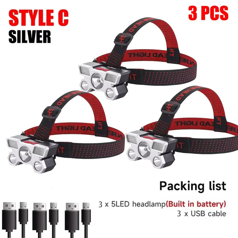 Usb Rechargeable 5 Led Headlamp Super Bright Head-Mounted Strong Flashlight Built-in Battery Outdoor Camping Night Fishing Lamp Oasis Select T21 Style C 3 pack