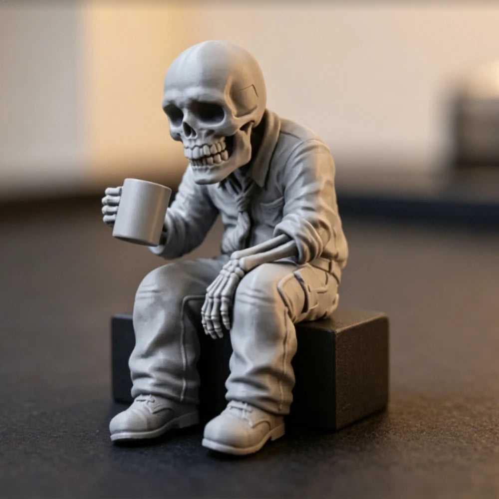 Seated Eerie Office Worker Skeleton Figurine 3D Printed Coffee Drinking Skull Desk Ornament for Humorous Home Office Decor Gifts Oasis Select