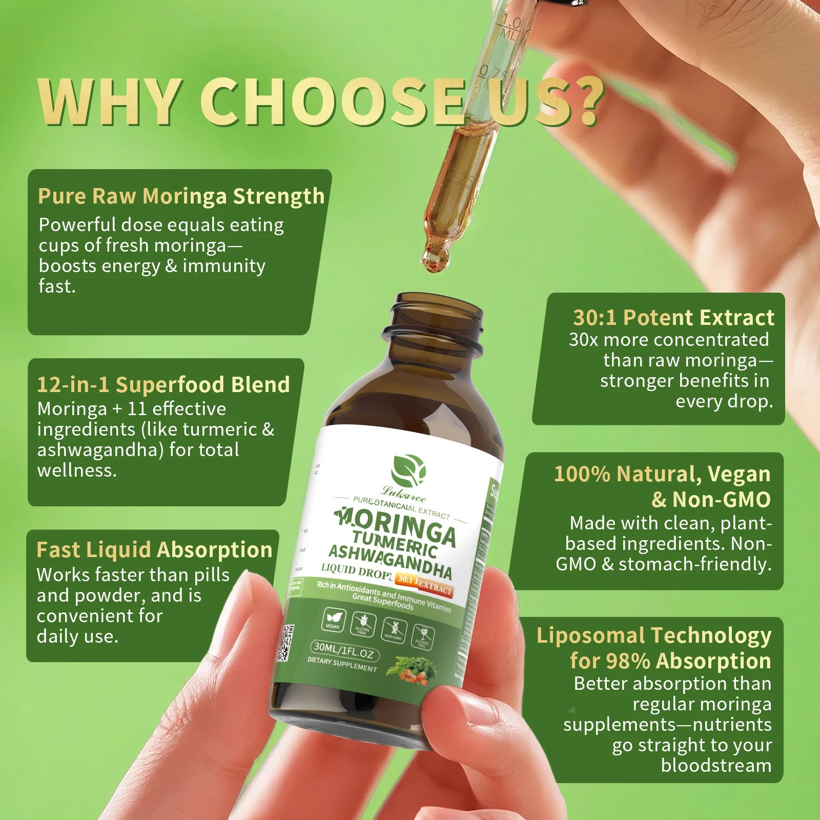 12-in-1 Organic Moringa Drops with Ashwagandha Turmeric Quercetin for Energy Immune Joint Digestive Metabolism, Vegan Non-GMO Oasis Select