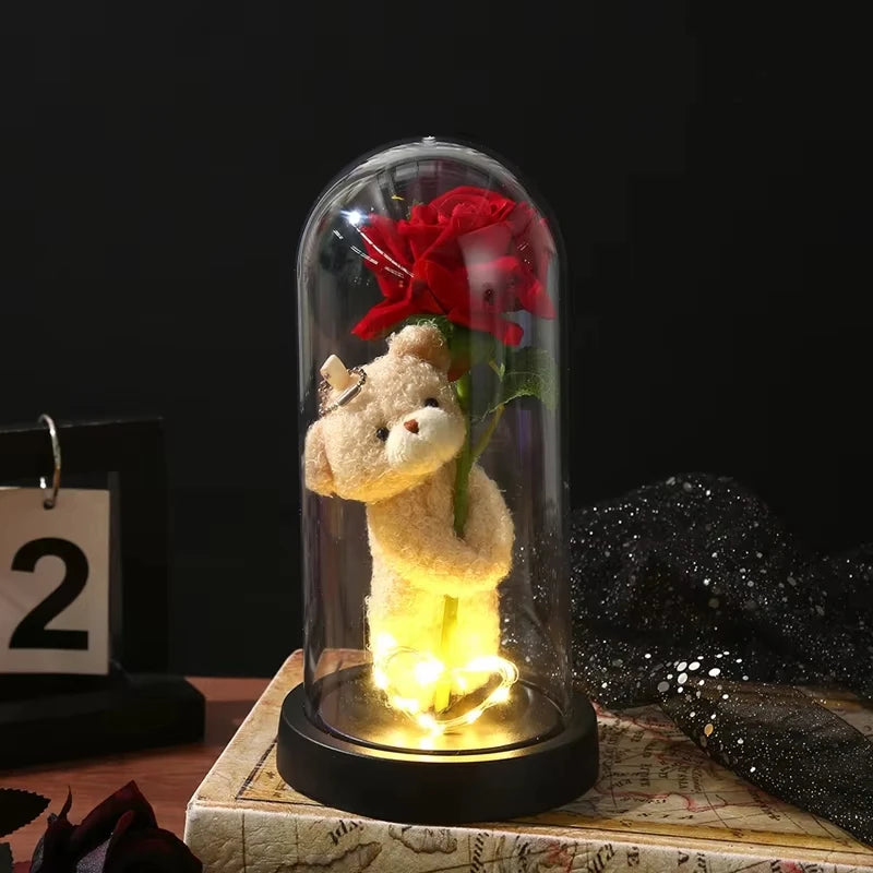 Eternal Rose in Glass Dome Artificial Flower with Bear Desk Accessories Christmas Valentine's Day Gifts Party Favors Oasis Select