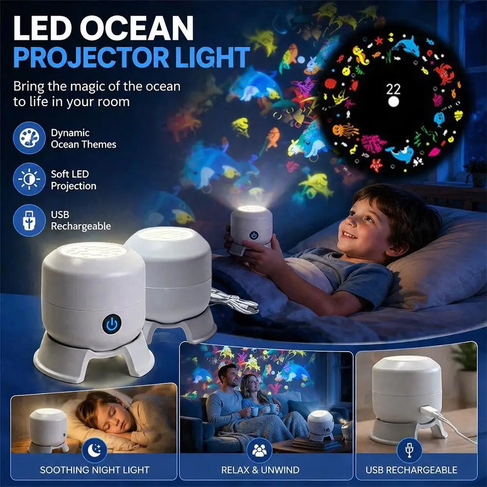 LED Ocean Projector Lamp Dynamic Marine Night Light 360° Rotating Projection USB Rechargeable Calming Sleep Gift for Kids Oasis Select
