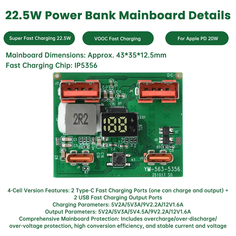 22.5W IP5356 Fast Charging Module DIY Mobile Power Control Motherboard Multiple Protocols Type-C USB Interface Oasis Select