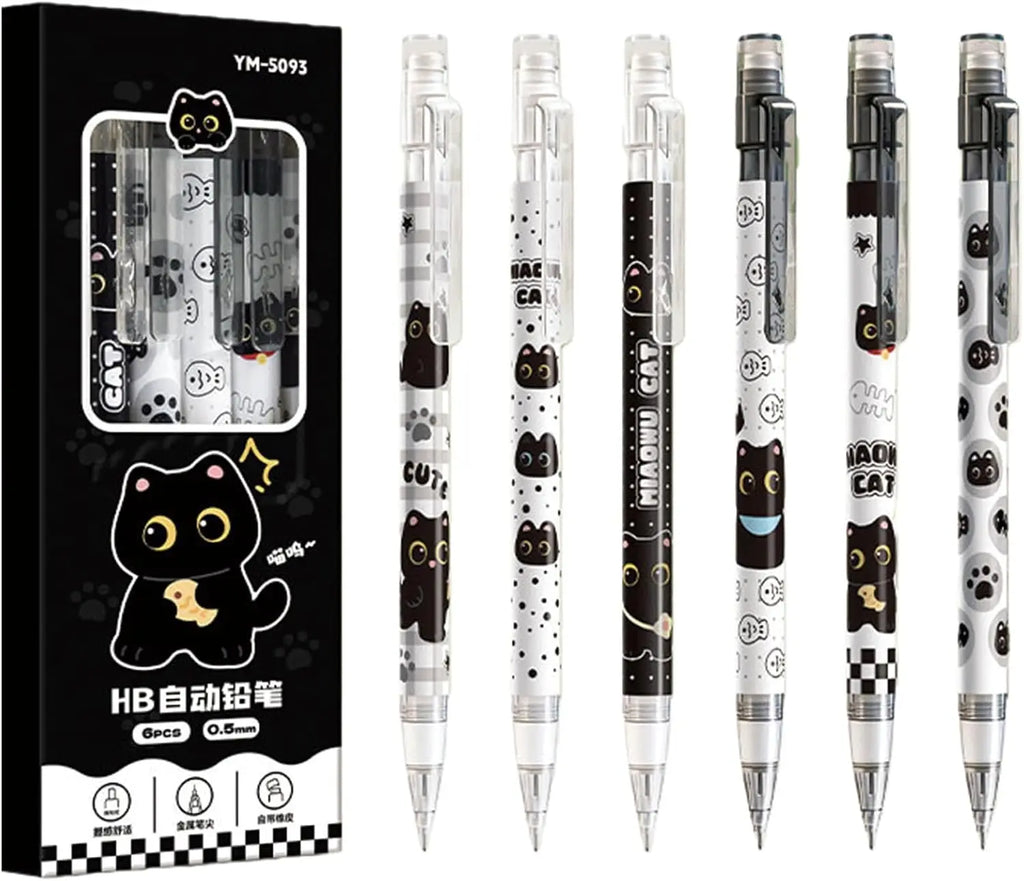 6pc Cute automatic pencil with eraser, 0.5mm lead, featuring a cartoon black cat design, suitable for students, boys, and women. Oasis Select 1 box of 6 pieces