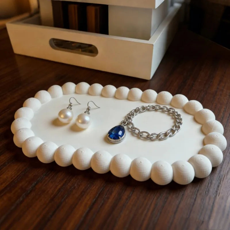 Trending White Beaded Decor Tray Jewelry & Ring Organizer Desktop Storage Tray with Artistic Aesthetic Home Decor Oasis Select
