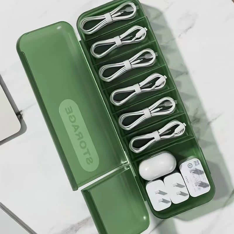 1Pc 7 Compartments Organizer Charger Cord Storage Box Data Cable Storage Case Reusable Cable Storage Box For Home Travel New Oasis Select army green