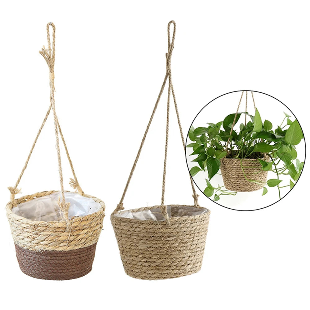 1PC Straw Hanging Basket Planter Twine Woven Flower Basket Rattan Basket Hanging Orchid Pot Pot Hanging Basin Oasis Select