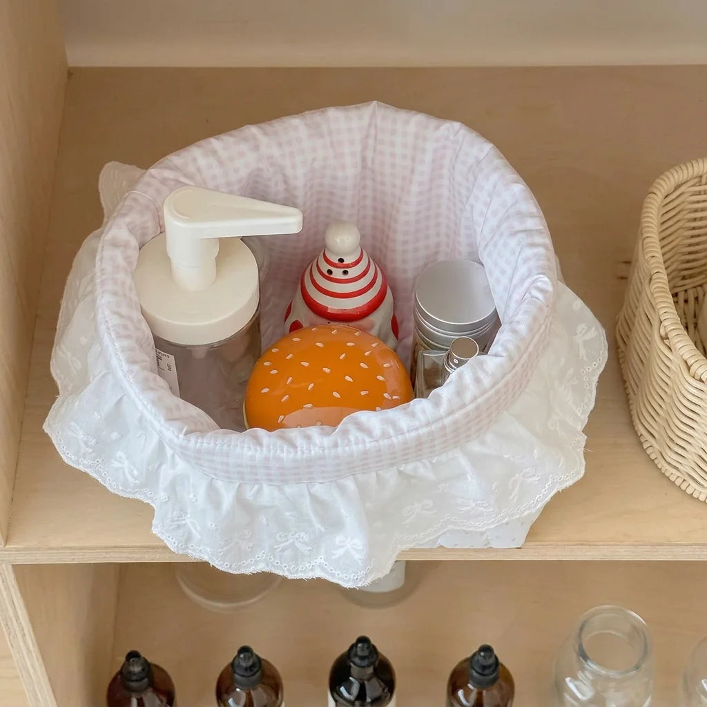 Cotton Fabric Storage Basket Polka Dot Lace Ruffle Cute Desktop Organizer for Sundries Snacks Home Storage Organization Oasis Select