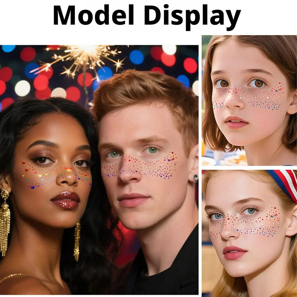 Fourth of July Face Tattoos, 2Pcs Glitter Freckles Face Tattoos Makeup for Independence Day Patriotic Party Supplies Fake Tattoo Oasis Select