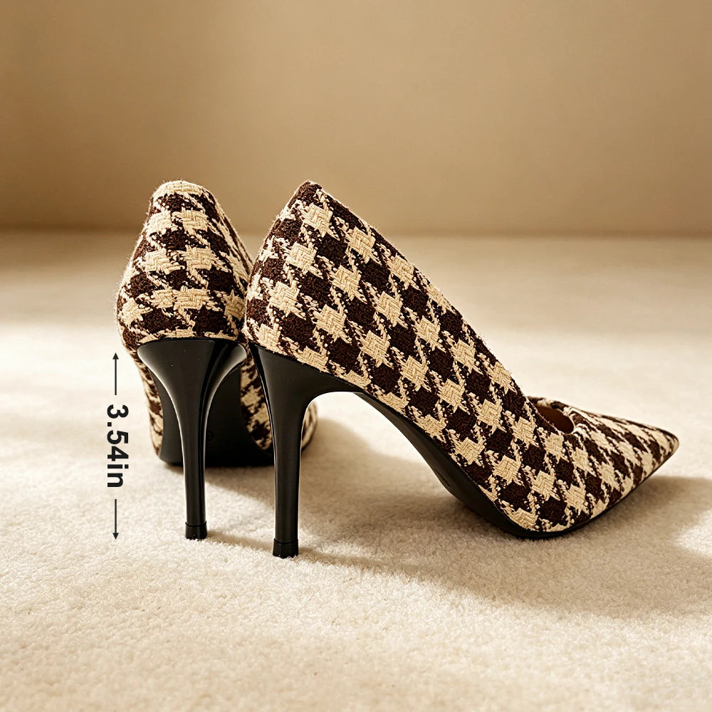 Women Vintage Coquette Houndstooth Heels 9cm Black Yellow Plaid Pointed Toe Pumps Office Party Shoes Non Slip Retro Fashion New Oasis Select
