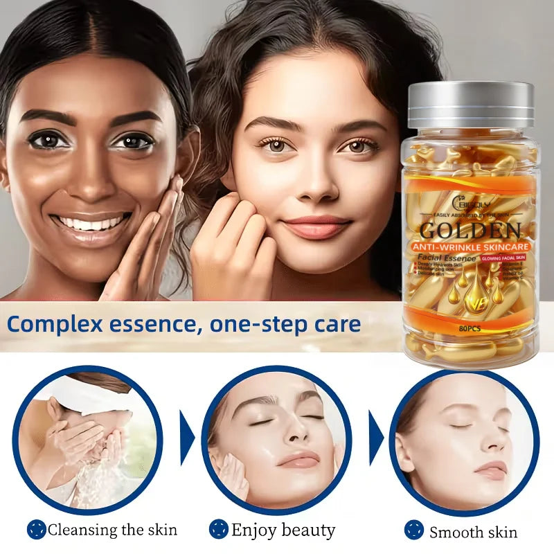 80 Facial Serum Capsules – Vitamin C, E & Squalane Anti-Wrinkle Face Serum Capsules Oasis Select Golden