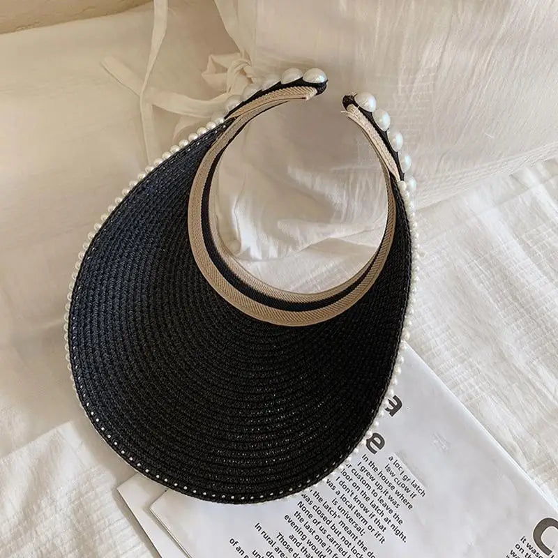 Summer Beach Straw Hat with Pearls for Women Wide Brim Open Crown Elegant Raffia Sun Protection Cap Holiday Essentials Oasis Select
