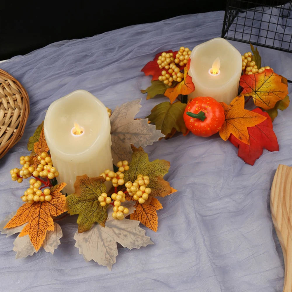Thanksgiving Candle Ring – Maple Leaves & Pumpkin Fall Wreath