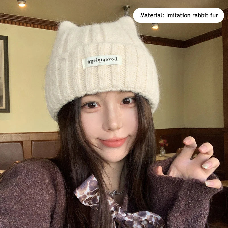 Cat Ear Knitted Beanie – Korean Style Winter Hat for Women