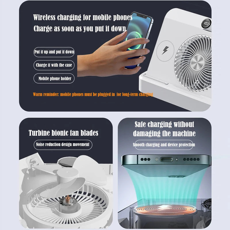 Desktop Wireless Charging Fan – 100-Speed, USB, Phone Holder