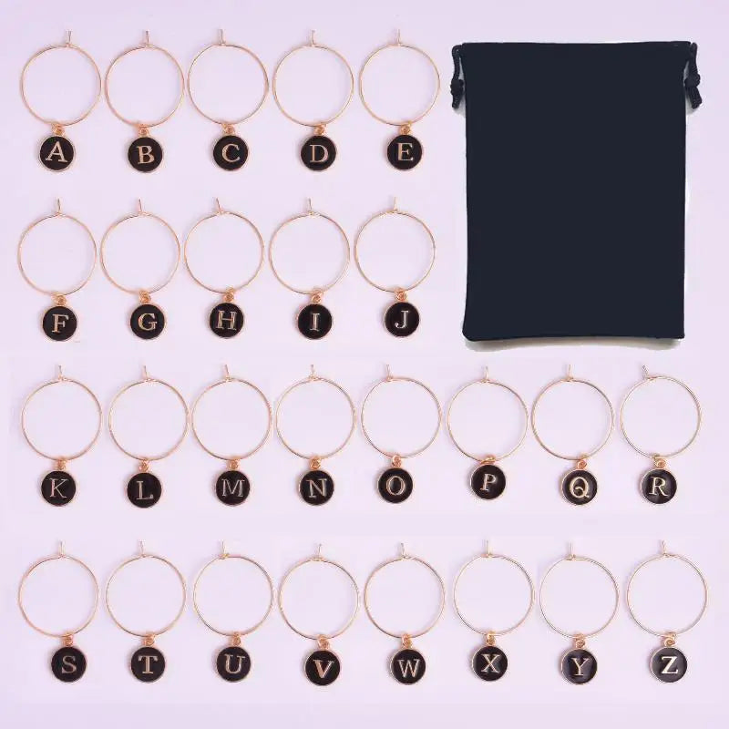 26Pcs DIY Wine Glass Markers Metal Letters Pendant Wine Glass Charm Rings Oasis Select Black