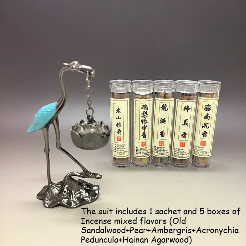 Crane Incense Burner and 5 Tubes Natural Disk Incense Set,Includes 5 Scents Agarwood & Goose Pear Tent & Sandalwood & Ambergris Oasis Select suit