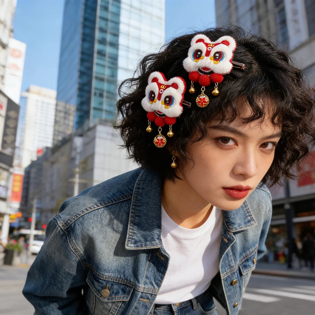 2pcs Chinese Lion Dance Hair Clip Pompom Tassel Barrette Traditional Xing Shi Awakened Lion Hairpin Oriental Festival Accessorie Oasis Select