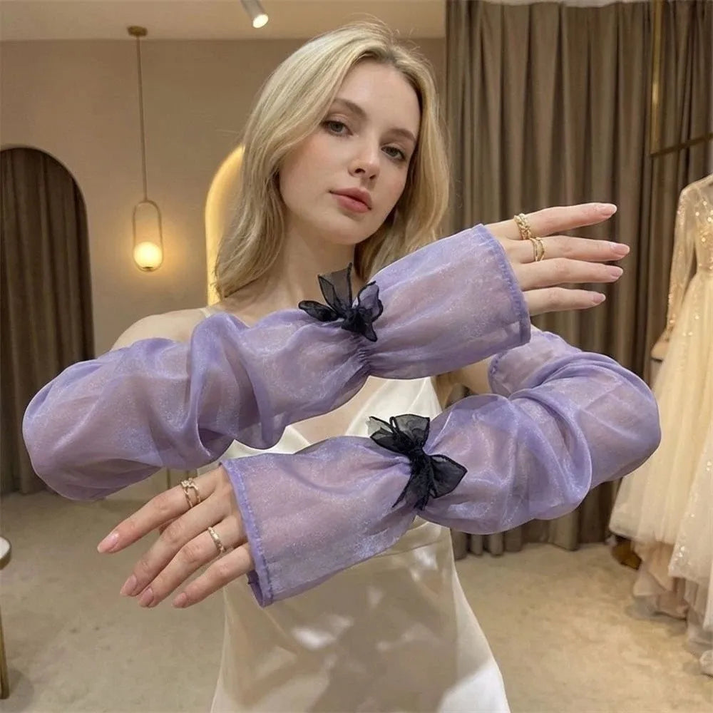 Ice Silk Women's Sun Protection Sleeves Bow Decor Loose Fit Arm Sleeve UV Protection Fairy Style Ice Sleeves Summer Outdoor Oasis Select