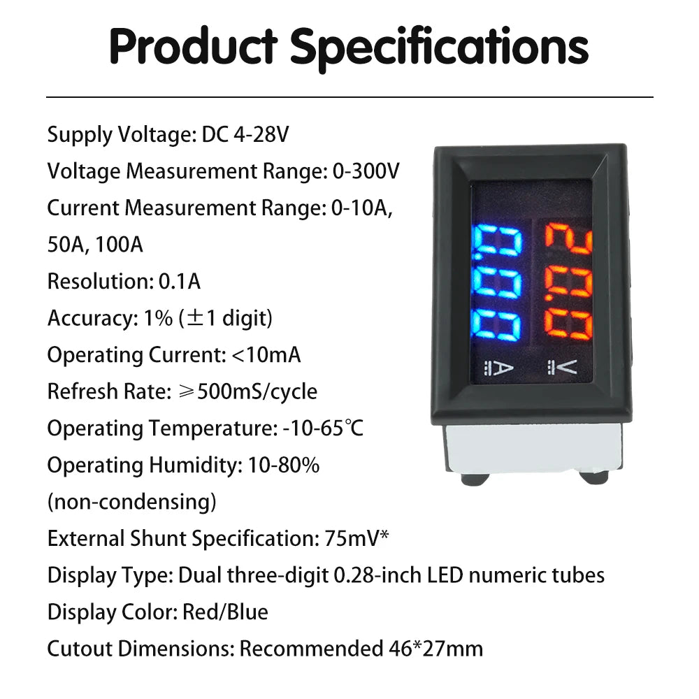 DC 0-300V 10A/50A/100A LED Digital Voltmeter Ammeter Car Motocycle Voltage Current Meter Volt Detector Tester Monitor H28UI5 Oasis Select