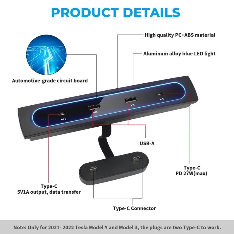 For Tesla Model 3 Y 2021 2022 27W Quick Charger USB Shunt Hub Intelligent Docking Station Car Adapter Powered Splitter Extension Oasis Select