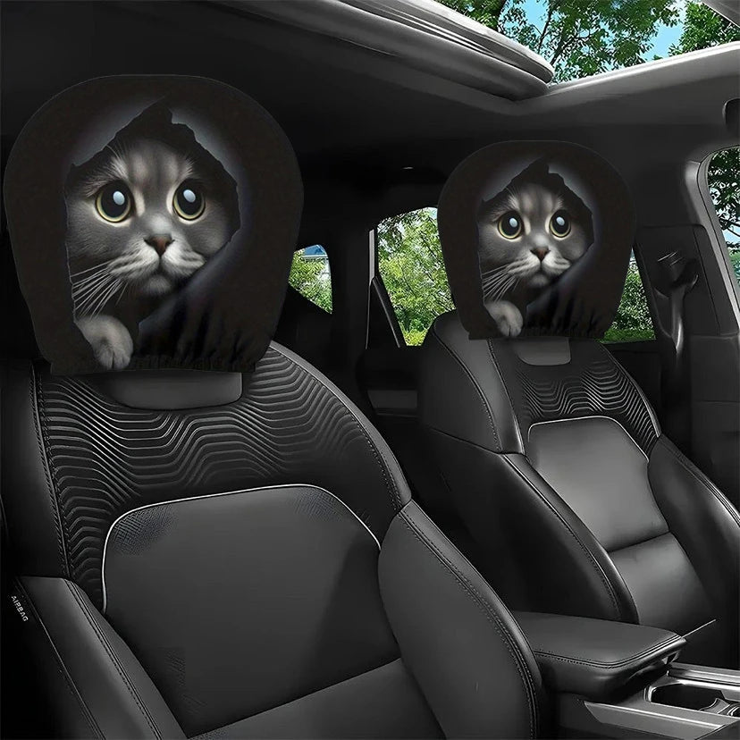 2 pieces of realistic car headrest covers with cute cats showing their faces, washable and stretchable, car interior decoration Oasis Select